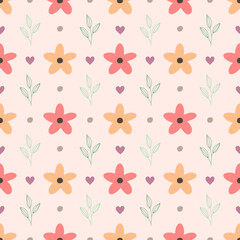 Hand drawn flowers with seamless pattern. Simple floral pattern vector.