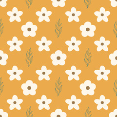 Seamless cute flower pattern on orange background. Simple floral pattern vector.