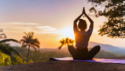 Silhouette of woman in yoga pose against sunset, representing tranquility and mindfulness in nature