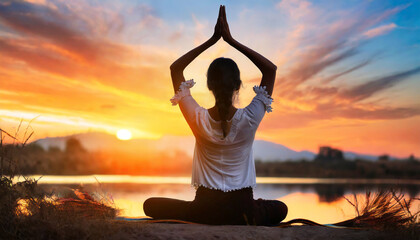 Silhouette of woman in yoga pose against sunset, representing tranquility and mindfulness in nature