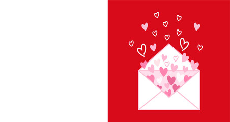 Love letter with heart on red background for Valentine's Day, card print, standee, post card, love sign, wallpaper, backdrop, cute patches, shirt print, poster, ad template, social media post