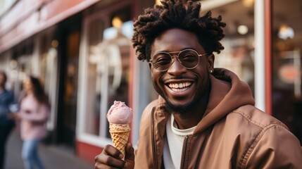 A young African-American man is eating an ice cream cone. - obrazy, fototapety, plakaty
