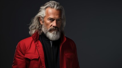 Portrait of mature man with grey long hair and beard in red jacket on dark background