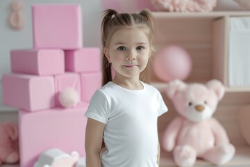 portrait of a cute girl, a child, dressed in a white straight T-shirt, stands against the background of the interior of a pink children's room with toys,blank T shirt for use as mockup with blank