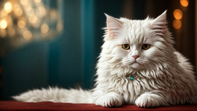 White Persian cat's beauty a photo of your feline friend against a solid color background, emphasizing their majestic presence. 
