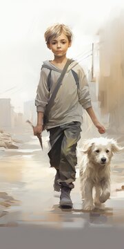 Boy and Dog in a War-Torn City
