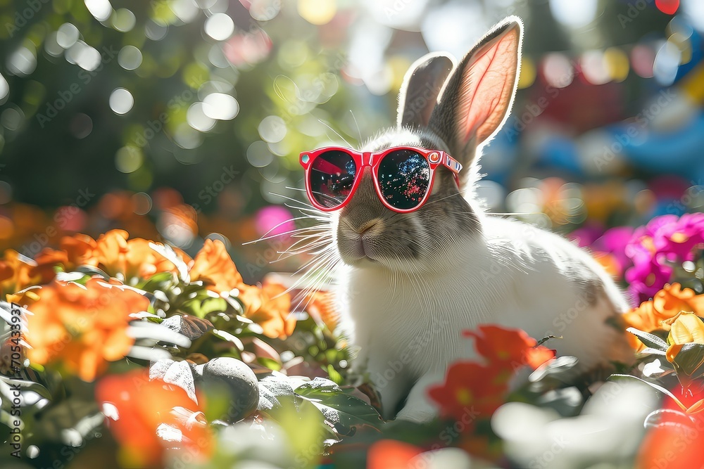 Wall mural  Playful Easter rabbit with oversized sunglasses in a colorful garden - Wall murals
