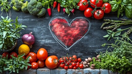 wholesome food in the heart and cardiograph on a medical abstract whiteboard...