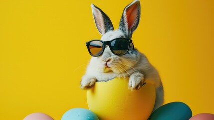 Pop Art   rabbit in a dynamic pose with flashy sunglasses, popping out of an Easter egg - obrazy, fototapety, plakaty