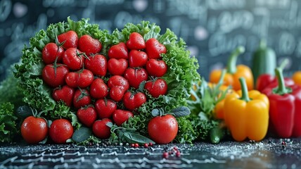wholesome food in the heart and cardiograph on a medical abstract whiteboard...