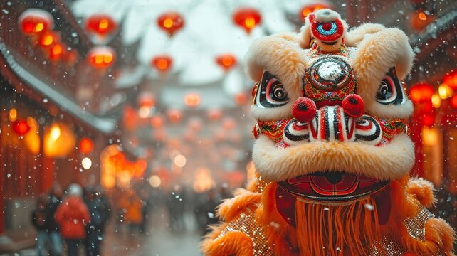 picture of a lion dance performed at the Lunar New Year celebration...