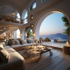 Modern luxury villa living room with stunning ocean views