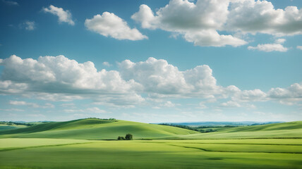 Fototapeta premium A landscape of beautiful green fields with clean blue sky