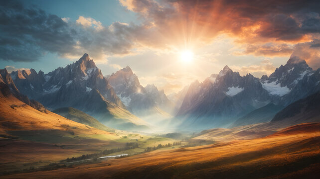 A landscape of mountains and sun rays