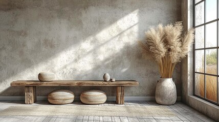 Console table made of rustic wood with copy space against a wall of beige plaster. Japanese interior design for a contemporary foyer. .. - obrazy, fototapety, plakaty