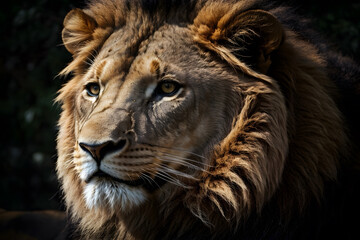 Fototapeta premium A portrait of a lion king with a black isolated background