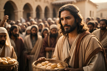 One of Jesus’ miracle as feeding multitudes - obrazy, fototapety, plakaty