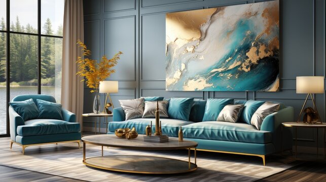 living room with a blue theme with a beautiful ocean wall painting