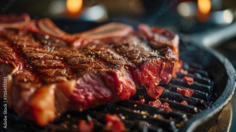 Canvas Prints  a close up of a steak on a bbq grill with a candle in the backgrouf behind it.