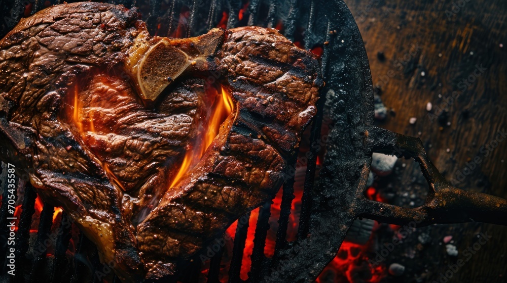 Canvas Prints  a steak on a grill with a heart shaped piece of meat on top of it and a knife in the middle of the grill.