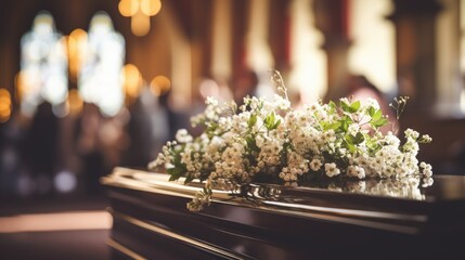 Black coffin in the church, funeral process with blurred relatives on background