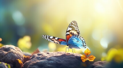 Close up Butterfly on stone with Blurred spring background and copyspace. Macro realistic illustration. Pastel floral banner with copy space. Template for congratulations on Mother's Day and holidays
