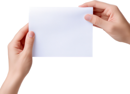 Hand holding white sheet of paper isolated on transparent background. PNG
