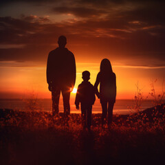Fototapeta na wymiar Sunset Fun. Happy Family and Sky Friends Silhouettes