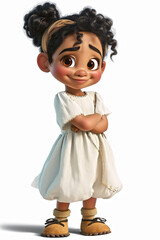 An animated latina young girl smiles gently while wearing a delicate white dress and adorned with pretty white flowers in her hair.