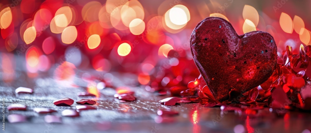 Poster  a red heart sitting on top of a table next to a pile of pink and red candies on top of a table.