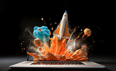 In a futuristic scene, a 3D clay model presents a dynamic space rocket launching from a digital, virtual reality depicted on a laptop screen—an innovative and captivating vision - obrazy, fototapety, plakaty