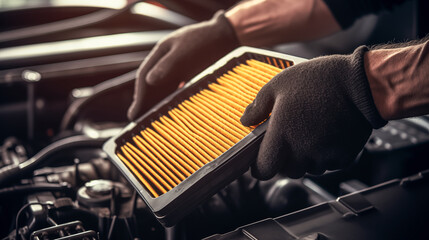 An automotive mechanic's skilled hand expertly swaps the air filter within the car's engine compartment—a glimpse into meticulous car maintenance and professional expertise - obrazy, fototapety, plakaty