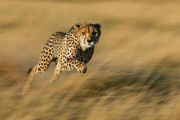 Cheetah Sprinting Across African Savannah Grasslands