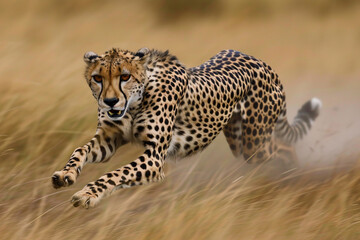 Cheetah Sprinting Across African Savannah Grasslands