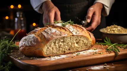 Whole wheat bread is placed on a kitchen wooden plate with the chef ready to cut the bread