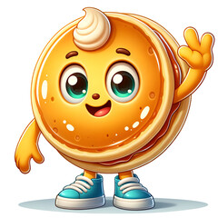 Cartoon cheerful pancake character with exciting eyes and friendly smile, waving hand, suitable for advertising and children's books.
