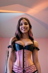 A seductive cam girl in revealing clothing, working in adult entertainment industry from home remotely