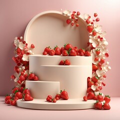Empty Podium For Show Product With Strawberry Falling On Cream Abstract Background 3d Render