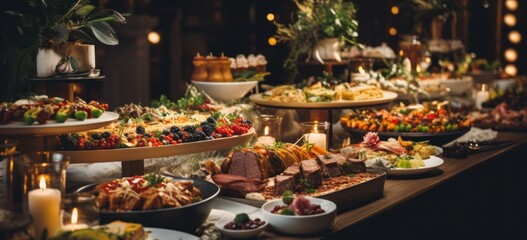 Gourmet buffet spread at elegant event. Catering and hospitality.