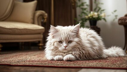 a White Persian Cat playing on the floor against a solid color background highlight the cat's graceful movements and the contrast between its pristine fur and the backdrop.