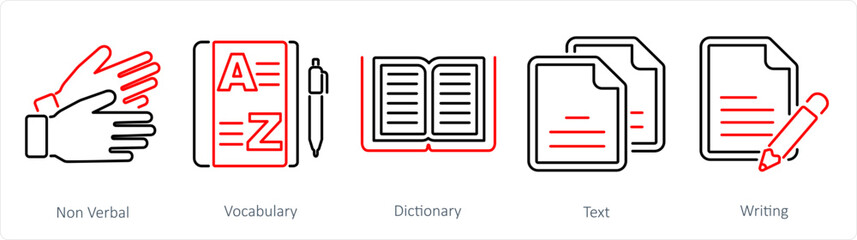 A set of 5 Language icons as non verbal, vocabulary, dictionary - obrazy, fototapety, plakaty
