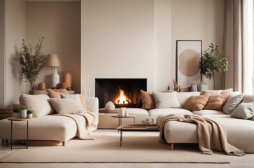 Scandinavian interior home design of modern living room with beige sofa in a room with a fireplace