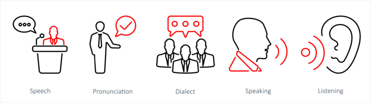 A set of 5 Language icons as speech, pronounciation, dialect