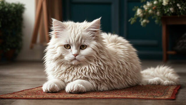 a White Persian Cat playing on the floor against a solid color background highlight the cat's graceful movements and the contrast between its pristine fur and the backdrop.
