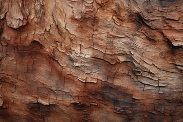 A bird sits atop a tree trunk in this close-up image., A rough texture of a tree's bark, AI Generated