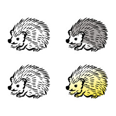 ハリネズミの和風ベクターイラストセット（線画、影付き、白黒、グラデーション）。