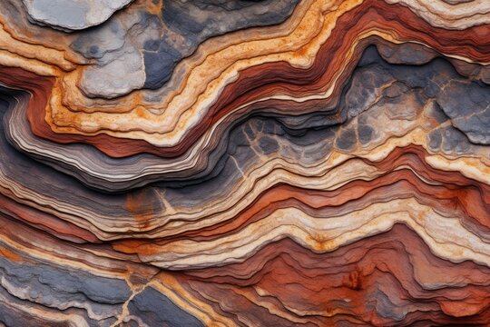 This close-up image captures the vibrant and diverse colors and patterns found on a unique rock., A rough texture of layered colors, reminiscent of earthly strata, AI Generated