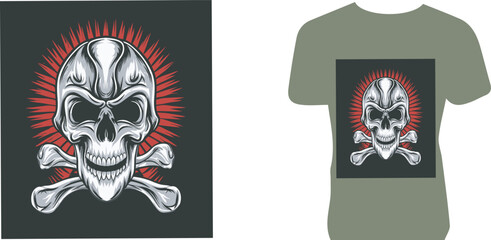 black and white illustration of a black and white, Top t-shirt design featuring a skull and crossbones on a black background