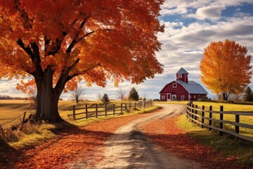 Obraz premium A peaceful country road stretching into the distance, framed by the vibrant hues of a red barn., A rural autumn scene showcasing vibrant fall colors, AI Generated