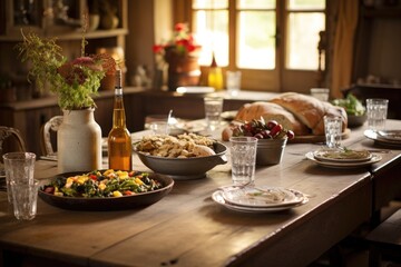 Fototapeta premium A wooden table is filled with a variety of delicious plates and bowls of food., A rustic farmhouse kitchen table loaded with a homemade feast, AI Generated